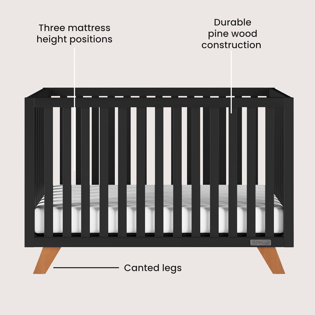 Child Craft Soho Design 4-in-1 Convertible Baby Crib Nursery Furniture Set - Baby Bed, 3 Drawer Dresser, Chest Drawer and Nightstand Desk for Babies, Toddlers and Kids (4 Piece - Ebony)