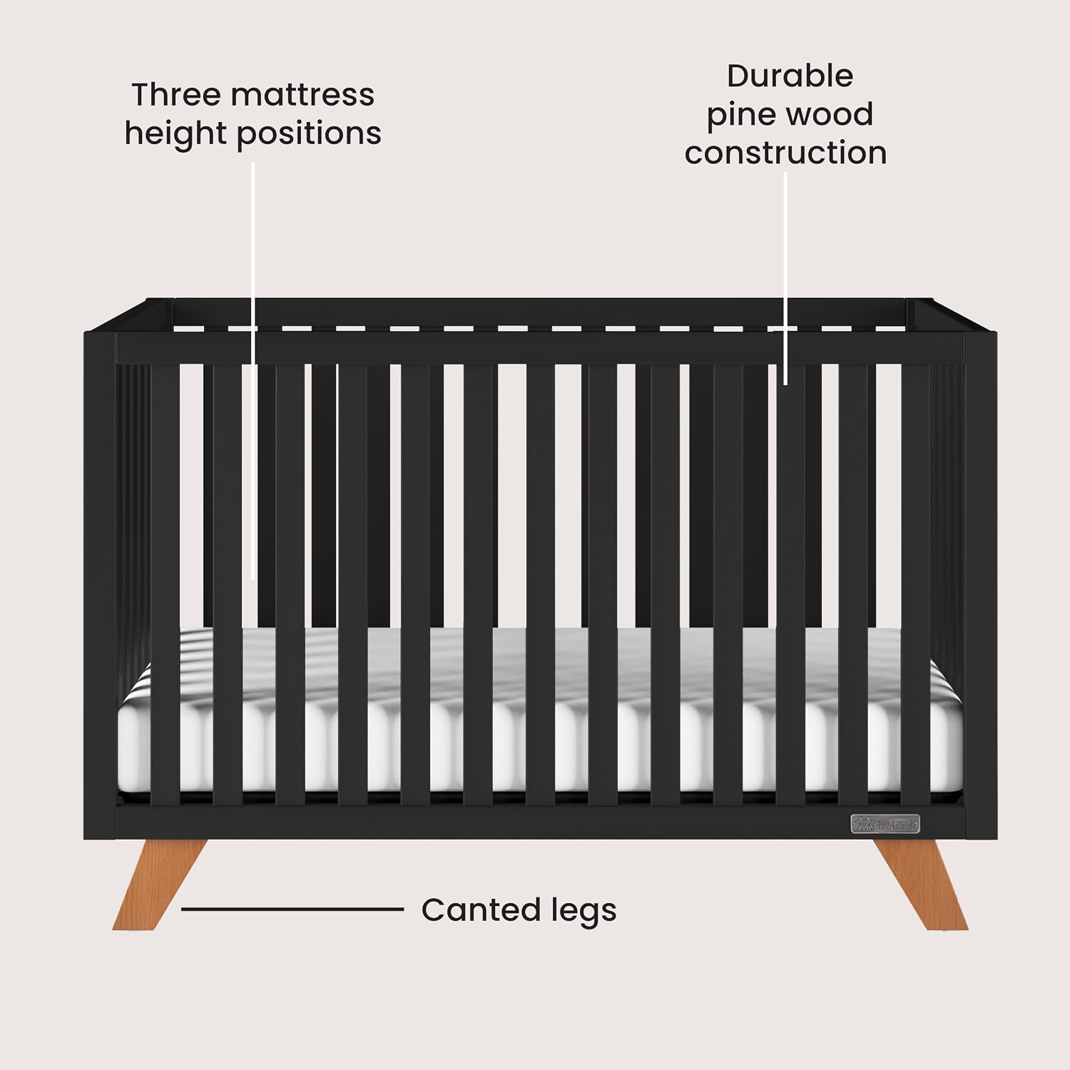 Child Craft Soho Design 4-in-1 Convertible Baby Crib Nursery Furniture Set - Baby Bed, 3 Drawer Dresser, Chest Drawer and Nightstand Desk for Babies, Toddlers and Kids (4 Piece - Ebony)