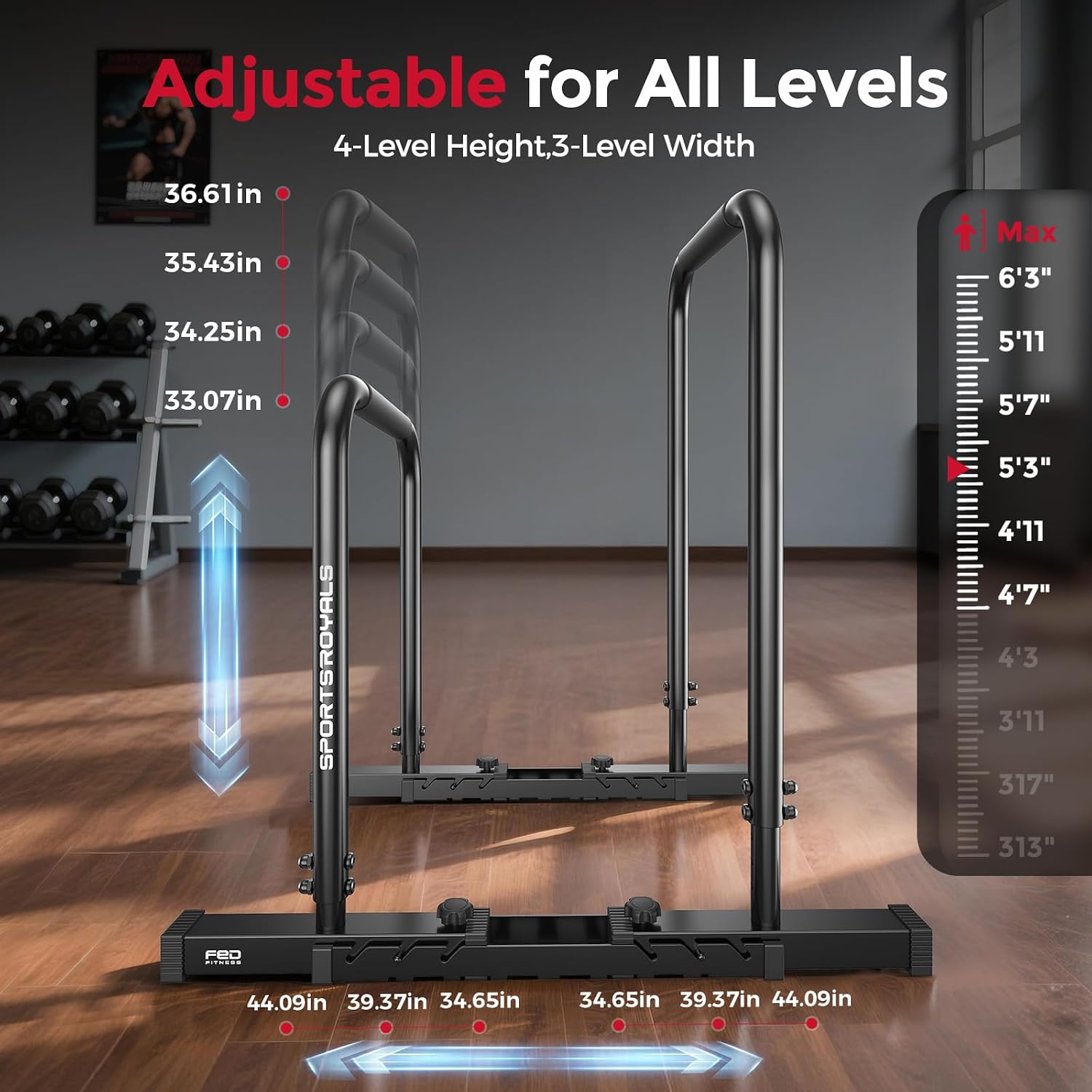 Sportsroyals Adjustable Dip Bar Station, Heavy Duty Parallette & Parallel Bars, 400LBS Stable Dip Stands for Home Gym, Calisthenics & Upper Body Workout Equipment