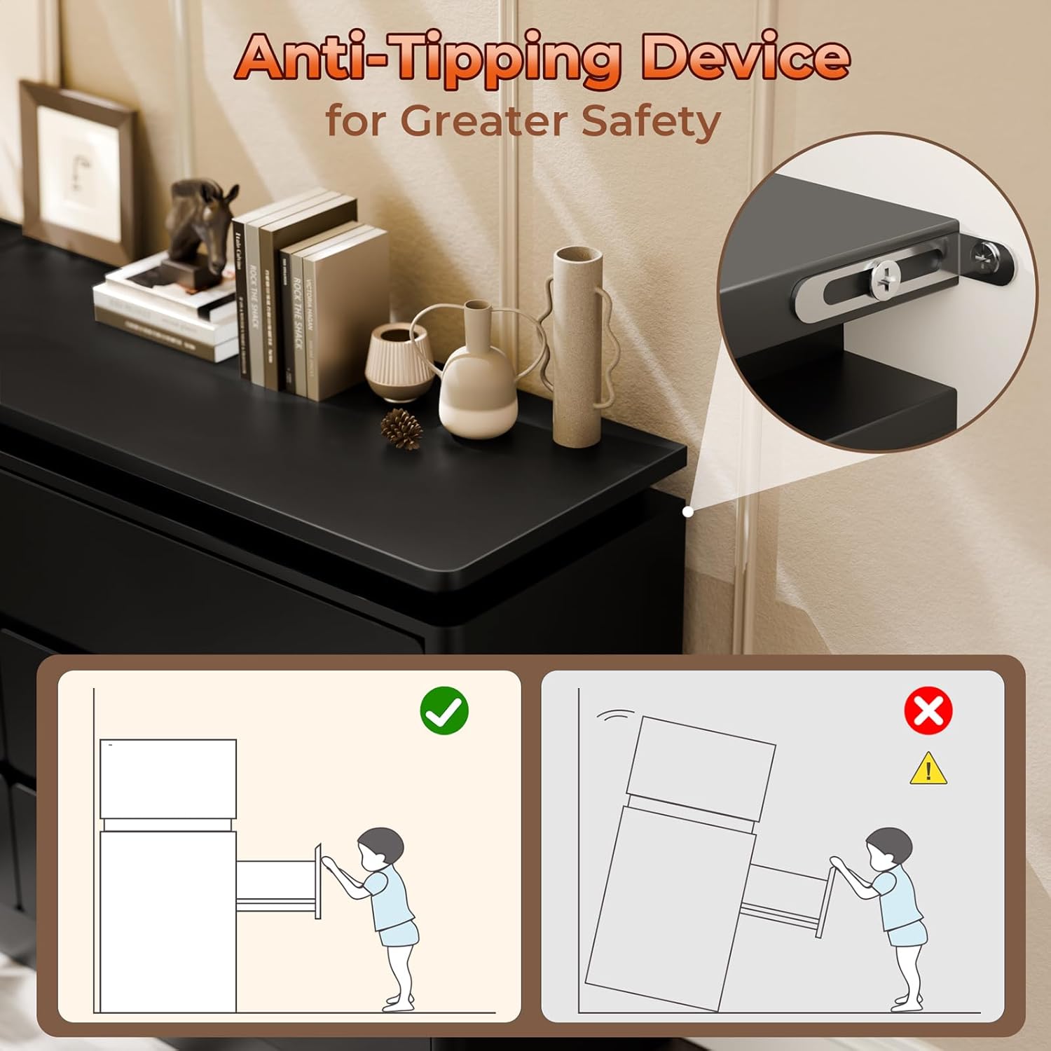 6 Drawer Dresser for Bedroom, 47.2' Long Black Chest of Drawers with Charging Station & LED Lights,Curved Profile Design,Double Wooden Closet Storage Cabinet,Modern Dresser TV Stand with Deep Drawers