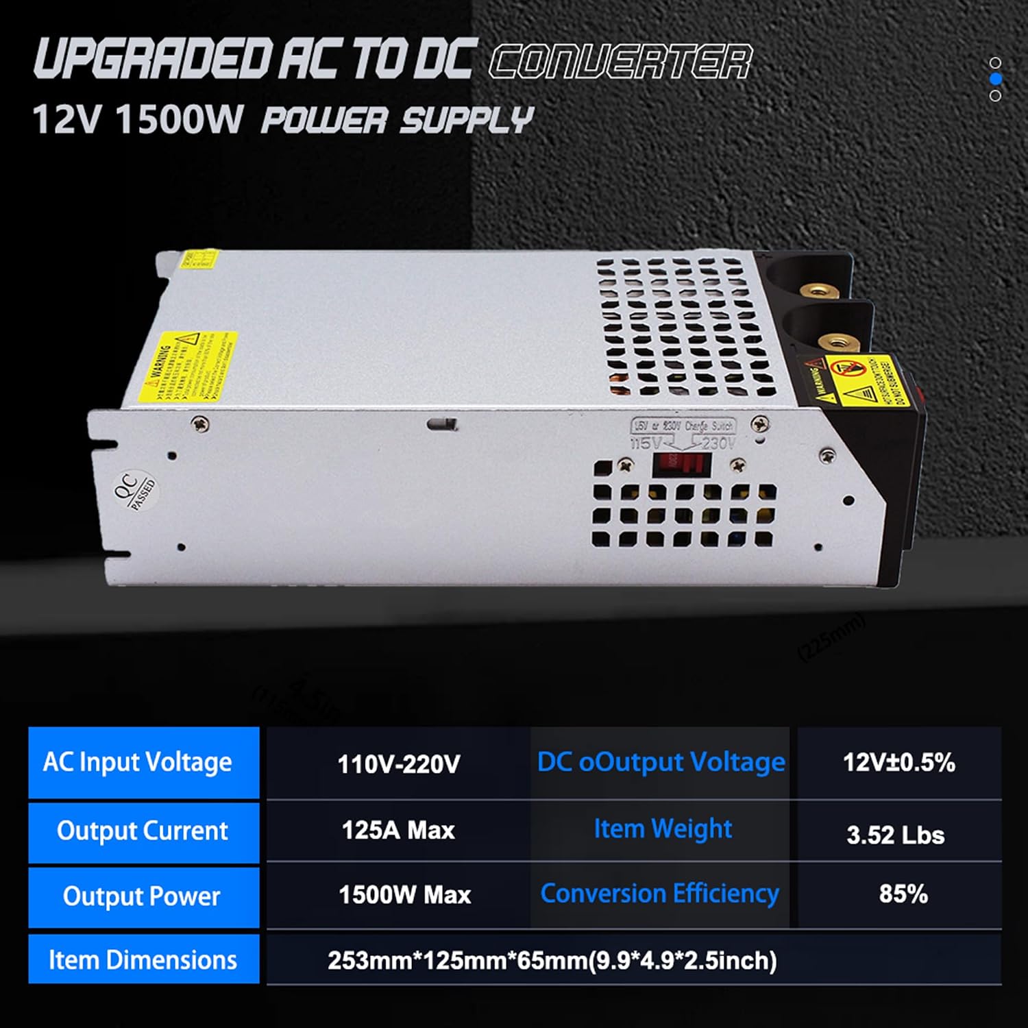 AC to DC 12V 125A 1500W Power Supply,120V to 12v Converter/110V to 12V Converter for RV Pump LED Strip CCTV Car Vacuum Stereo Disel Heater(DC12V-125A-1500W)