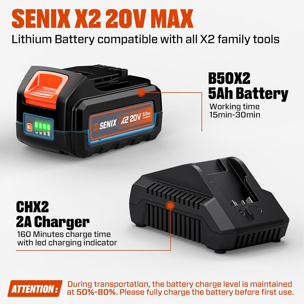 SENIX 20V 15' Weed Wacker, String Trimmer w/5.0Ah Battery & 2A Charger, Variable Speed, Brushless Motor, Lightweight 6.6lbs (GTX2-M3)