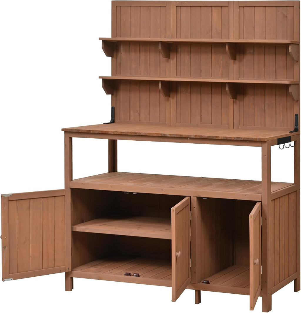 Rustic 50.2' Solid Fir Wood Patio Potting Bench with Hutch,Garden Workstation with Large Countertop,2 Shelves,2 Cabinets,3 Side Hooks,Planting Table for Backyard (Natural#H)