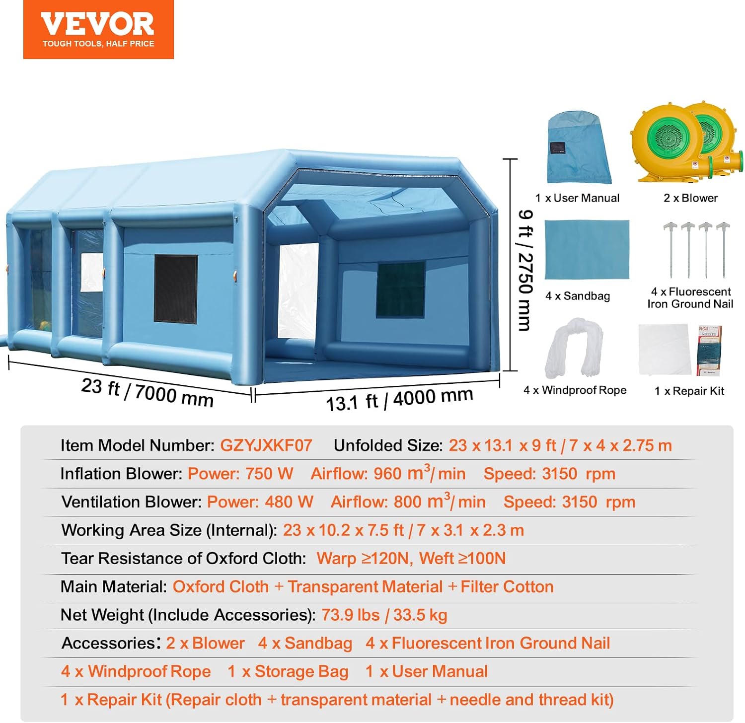 VEVOR Inflatable Paint Booth, 23 x 13.1 x 9 ft Portable Paint Booth, Featuring 750W+480W High-Power Blowers and Air Filtration System, Inflatable Spray Booth for Small Trucks and Large Motorcycle