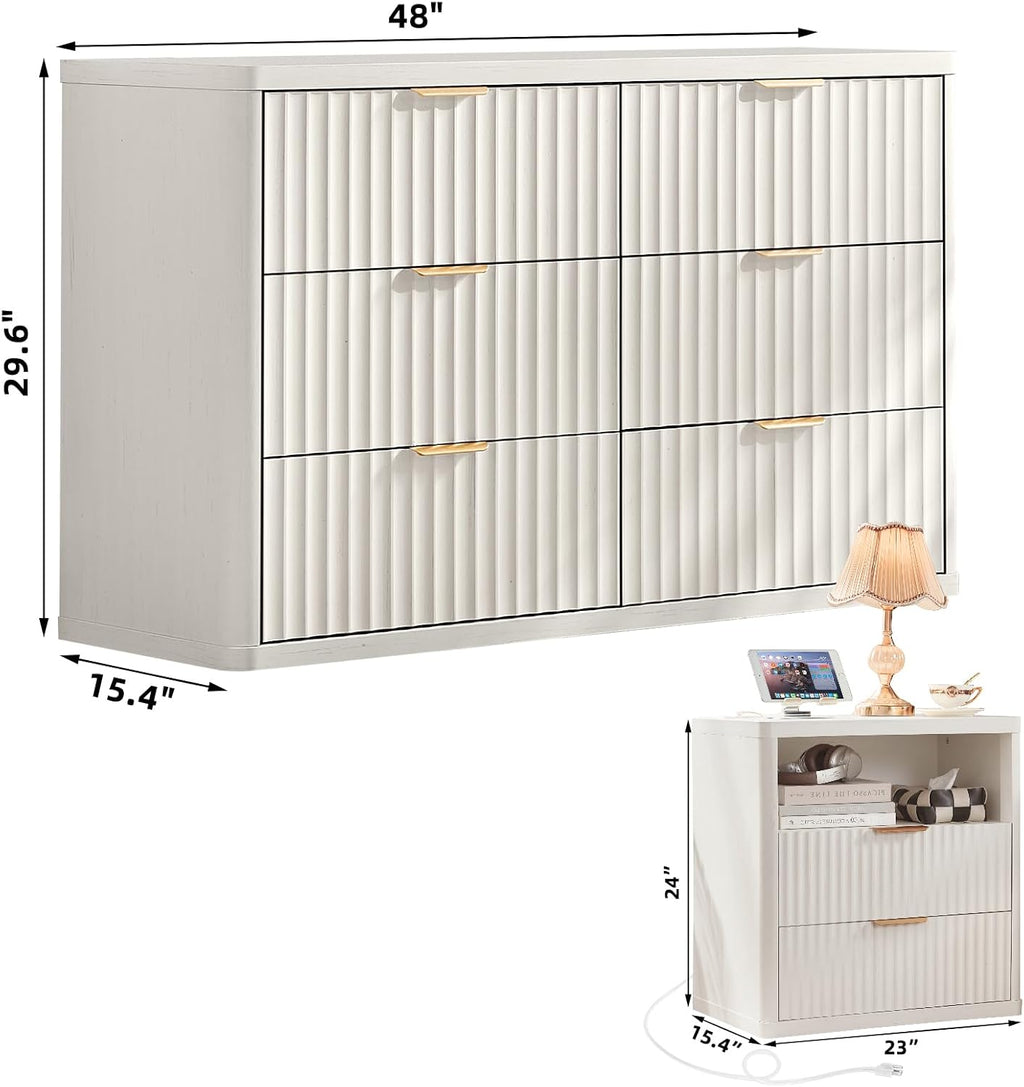 LEYAOYAO Fluted Dresser and 2 Drawers Nightstand Set of 2, Wood 48' Wide Dresser & 23' Night Stand with Charging Station, 3 Piece Bedroom Furniture Set, Chest of Drawers for Living Room,Antique White