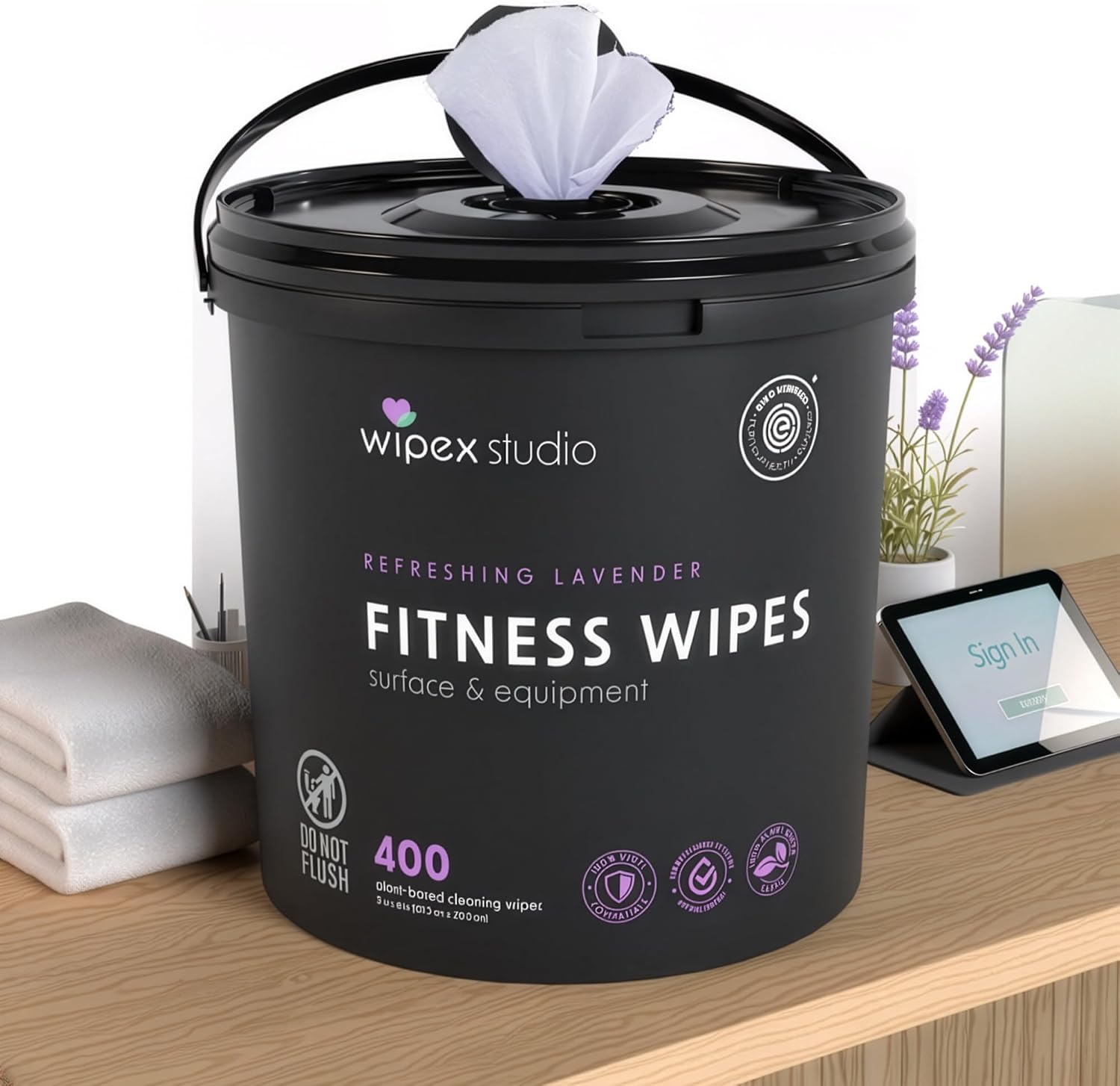 Wipex Gym Wipes for Equipment Bundle, EWG Verified, 1600 Count with (2) Lavender Buckets & (2) Refill Rolls - Plant-Based Fitness Equipment Wipes, Clean Surfaces & Mats, Safe Gym Cleaner