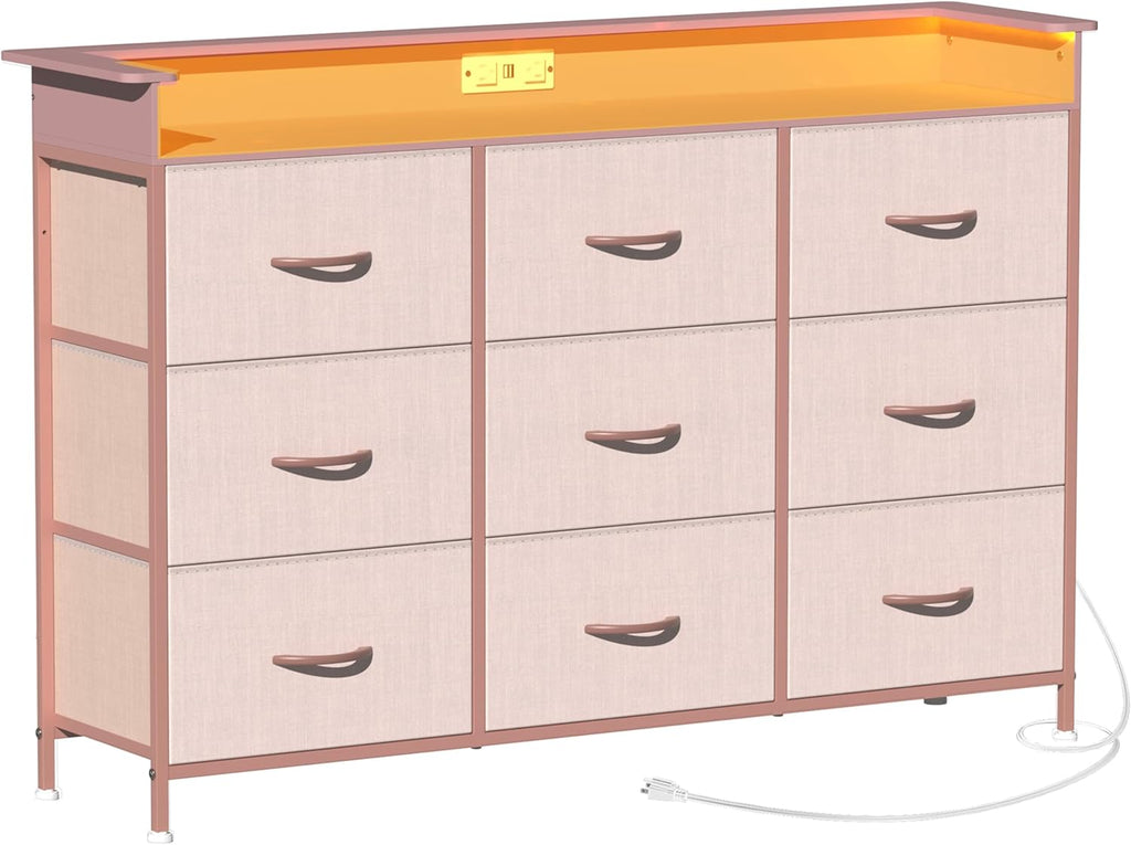 EXOTICA Pink Dresser with LED Light for Girls Bedroom 9 Drawer Dressers with Charging Station Chests of Drawers for Living Room Entryway Closet Hallway Sturdy Steel Frame Wooden Top Easy Pull Handle