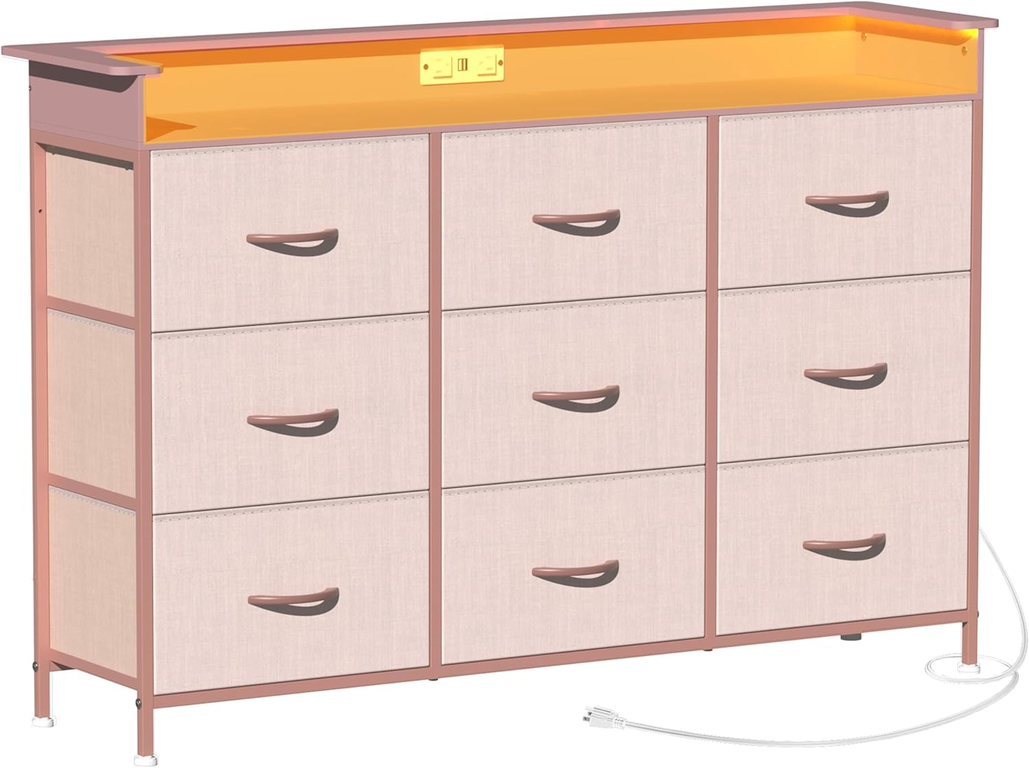 EXOTICA Pink Dresser with LED Light for Girls Bedroom 9 Drawer Dressers with Charging Station Chests of Drawers for Living Room Entryway Closet Hallway Sturdy Steel Frame Wooden Top Easy Pull Handle