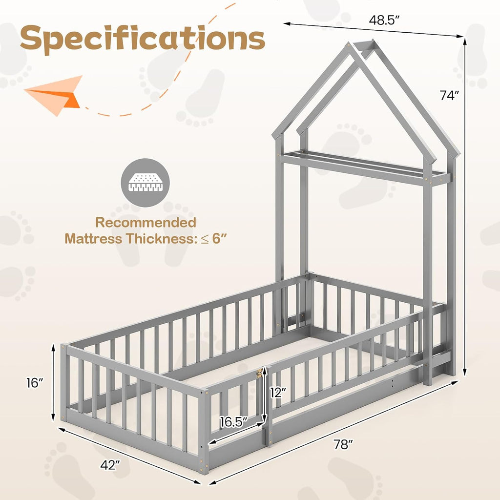 KOMFOTT Twin Size Floor Bed with House-Shaped Headboard, Kids Montessori Floor Bed with Detachable Clothes Hanger, Full Length Safety Guardrails, Door & Latch, Solid Wood Floor Bed Frame
