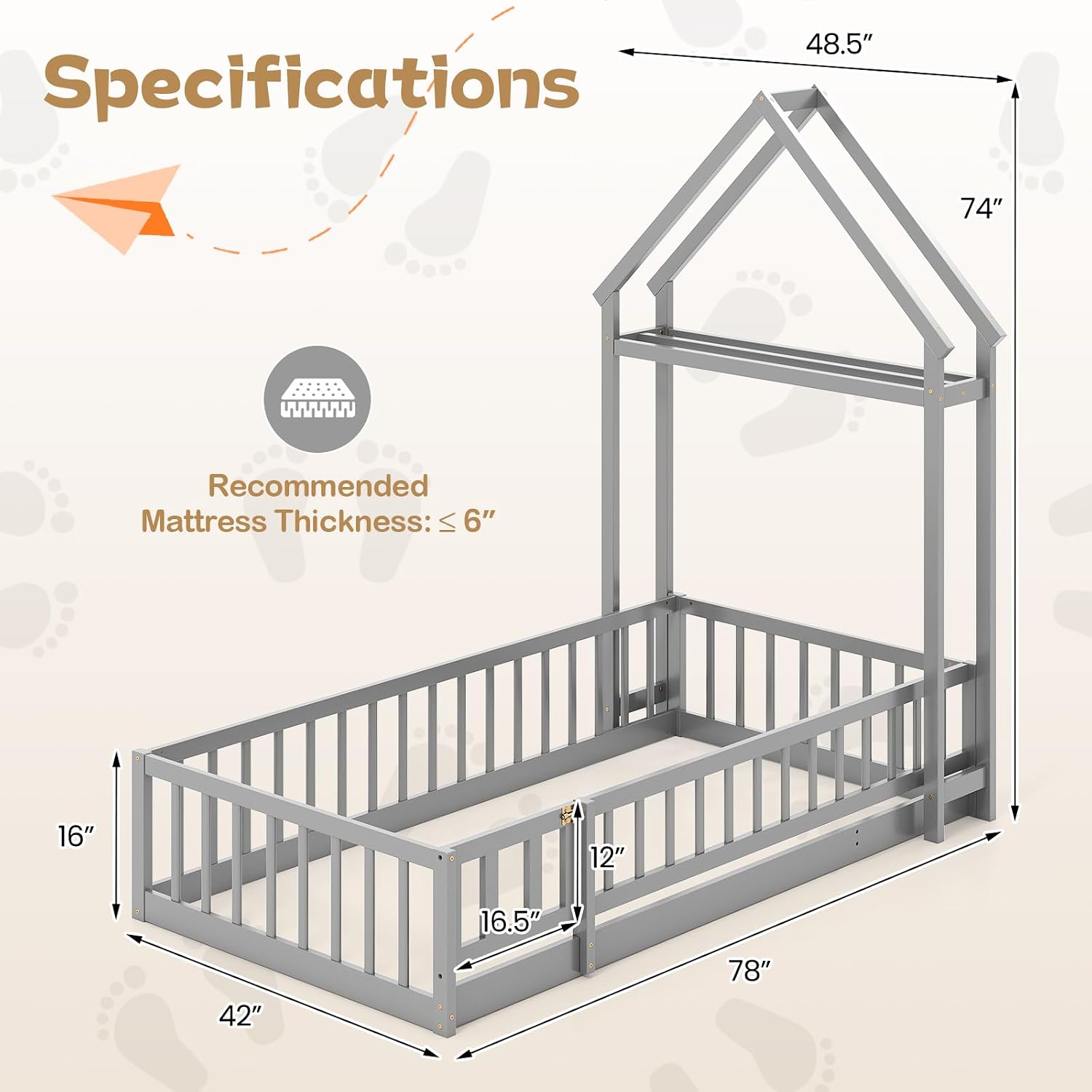 KOMFOTT Twin Size Floor Bed with House-Shaped Headboard, Kids Montessori Floor Bed with Detachable Clothes Hanger, Full Length Safety Guardrails, Door & Latch, Solid Wood Floor Bed Frame
