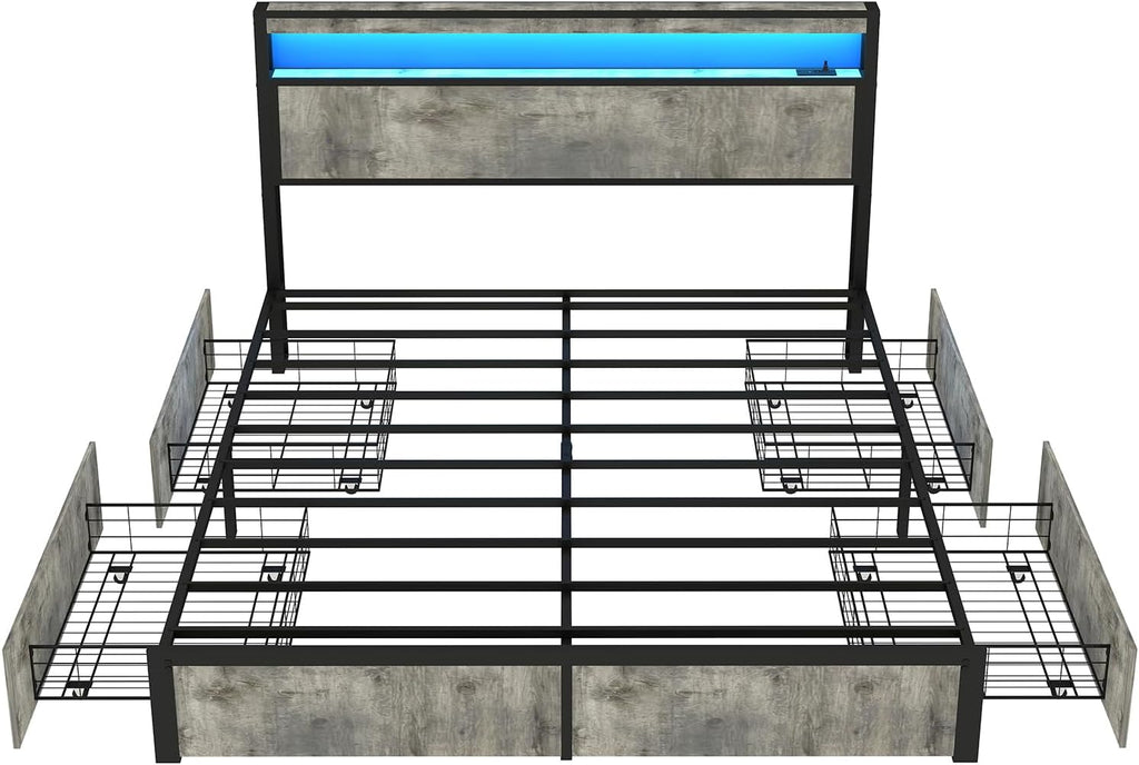 SADENICEL Queen Bed Frame with Storage Headboard, Metal Platform Queen Size Bed Frame Wood with 4 Drawers, LED Light, Charging Station, No Box Spring Needed, Noise Free, Easy Assembly, Grey
