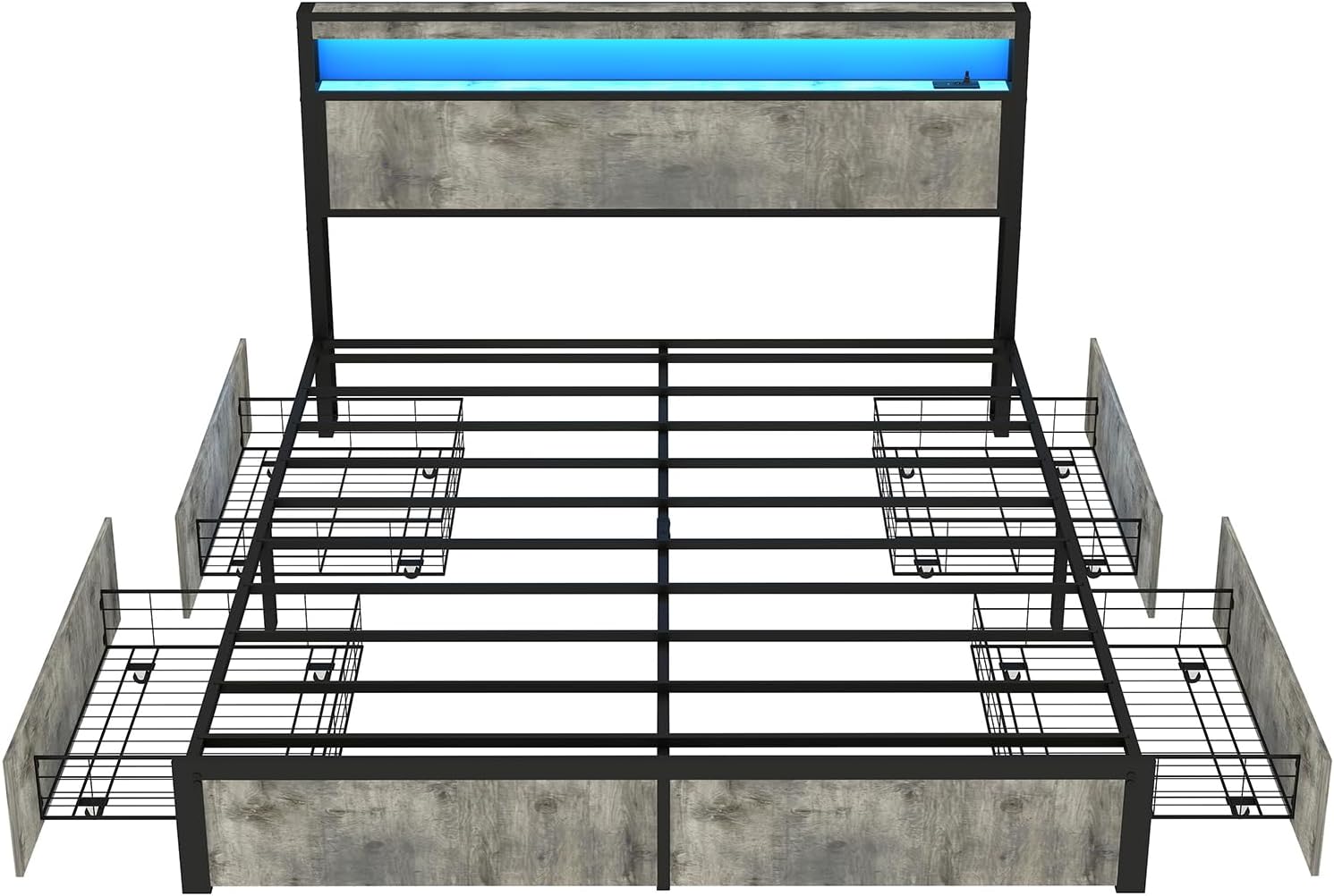 SADENICEL Queen Bed Frame with Storage Headboard, Metal Platform Queen Size Bed Frame Wood with 4 Drawers, LED Light, Charging Station, No Box Spring Needed, Noise Free, Easy Assembly, Grey