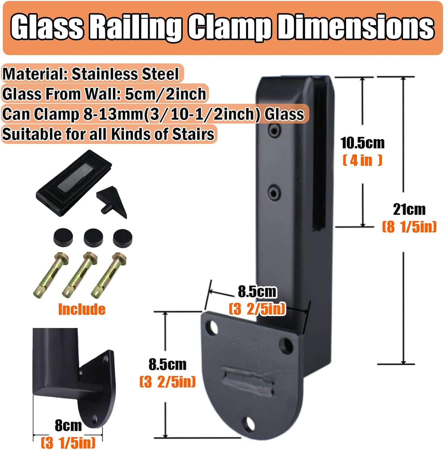 Glass Railing Clamp Stainless Steel Glass Clamp Pool Fence Balustrade, Side Mounted Staircase Glass Bracket, Balcony Garden Deck Standoff Fixing Clip,Black,4 Pack