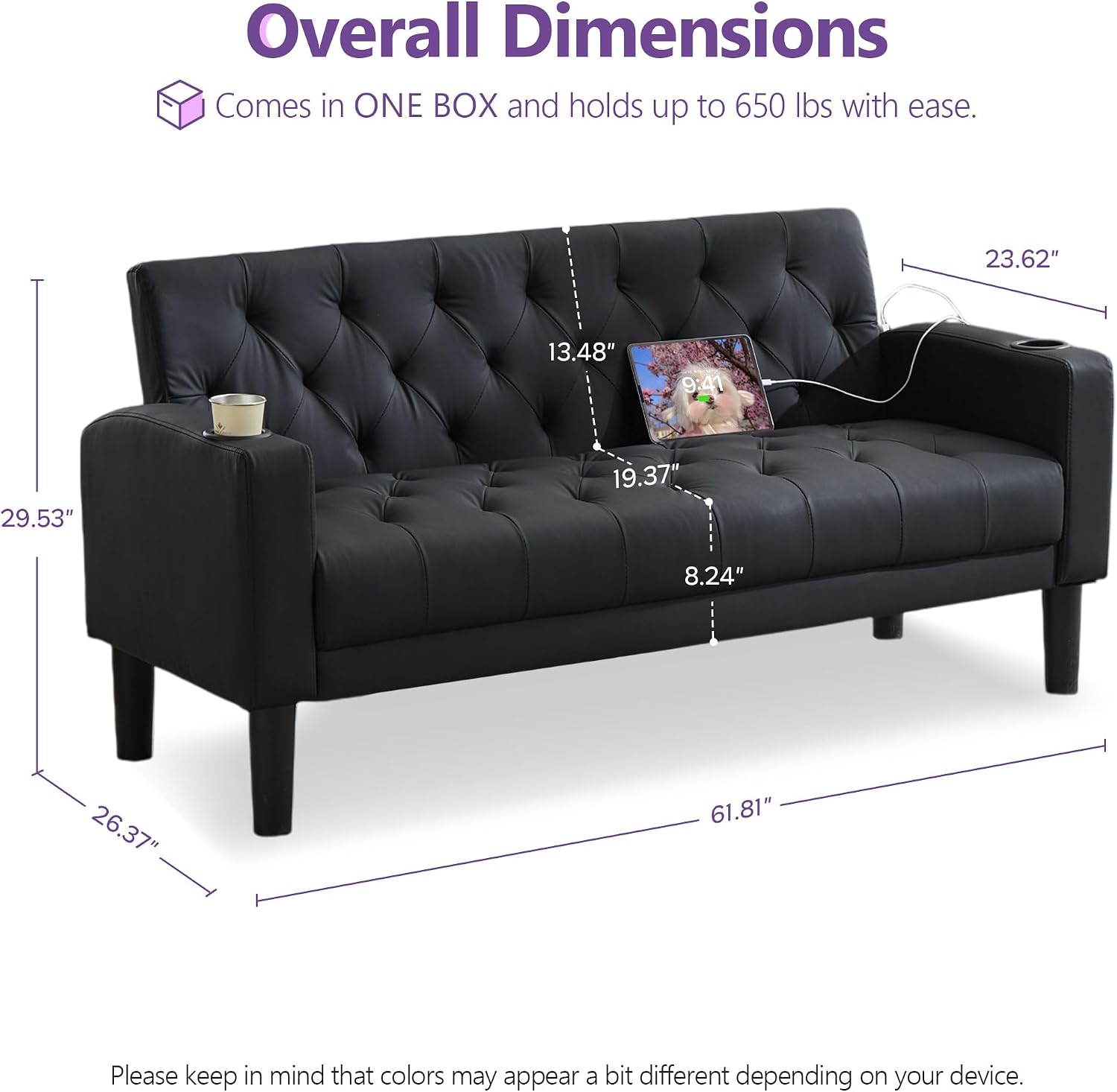 TYBOATLE 62' W Loveseat Sofa w/ 2 USB Charger Ports and 2 Cupholders, Mid-Century Modern Tufted Black Leather Small Love Seat Couches for Compact Living Room, Office, Bedroom, Apartment, Dorm