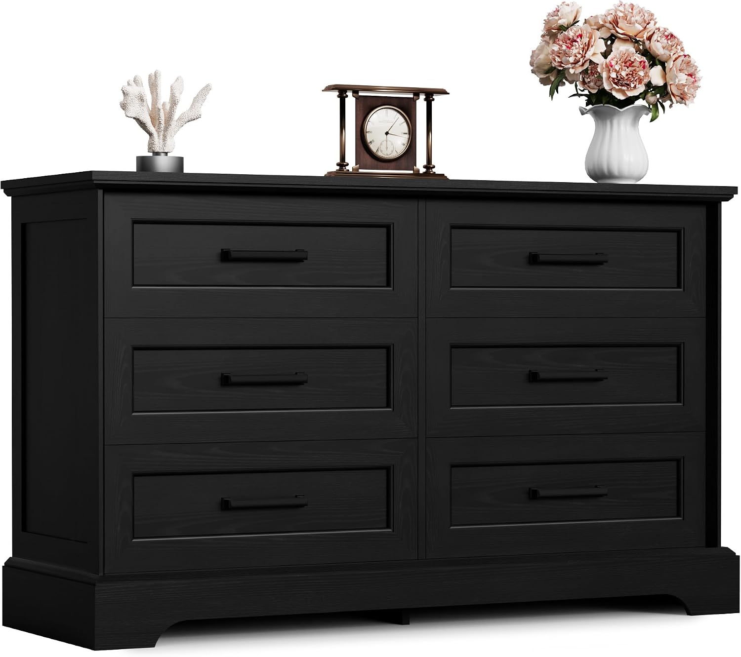 Furmax Farmhouse Dresser for Bedroom, 6 Drawers Dresser, Wood Chest of Drawers, 47.2' Wide Storage Dressers Organizer for Bedroom, Living Room, Dark Black