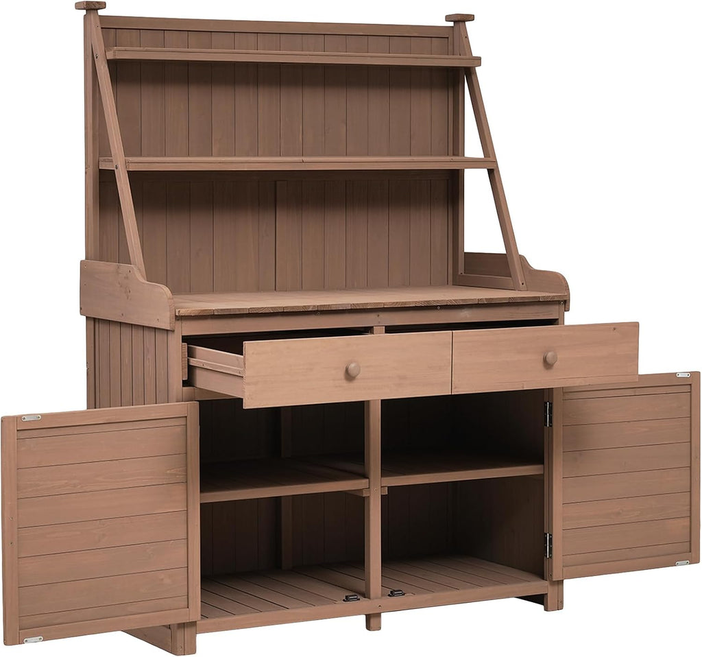 65'' H Outdoor Potting Bench Table, Garden Workstation with Storage Shelves, Drawers, and Cabinet, Outside Garden Table for Patio, Backyards,Easy Assembly,Brown