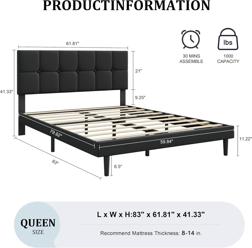 IOILORI Queen Size Bed Frame with Headboard, Queen Upholstered Bed Frame,Queen Platform Bed Frame, No Box Spring, Easy to Assemble,Black