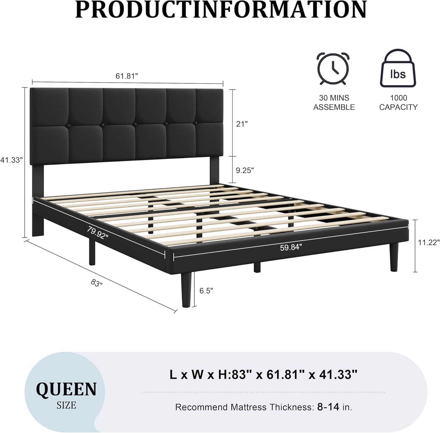 IOILORI Queen Size Bed Frame with Headboard, Queen Upholstered Bed Frame,Queen Platform Bed Frame, No Box Spring, Easy to Assemble,Black