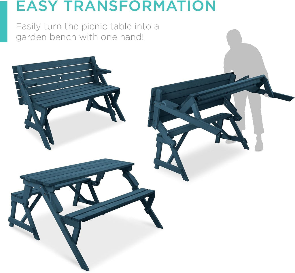 Best Choice Products 2-in-1 Transforming Interchangeable Outdoor Wooden Picnic Table Garden Bench for Backyard, Porch, Patio, Deck w/Umbrella Hole - Harbor Blue