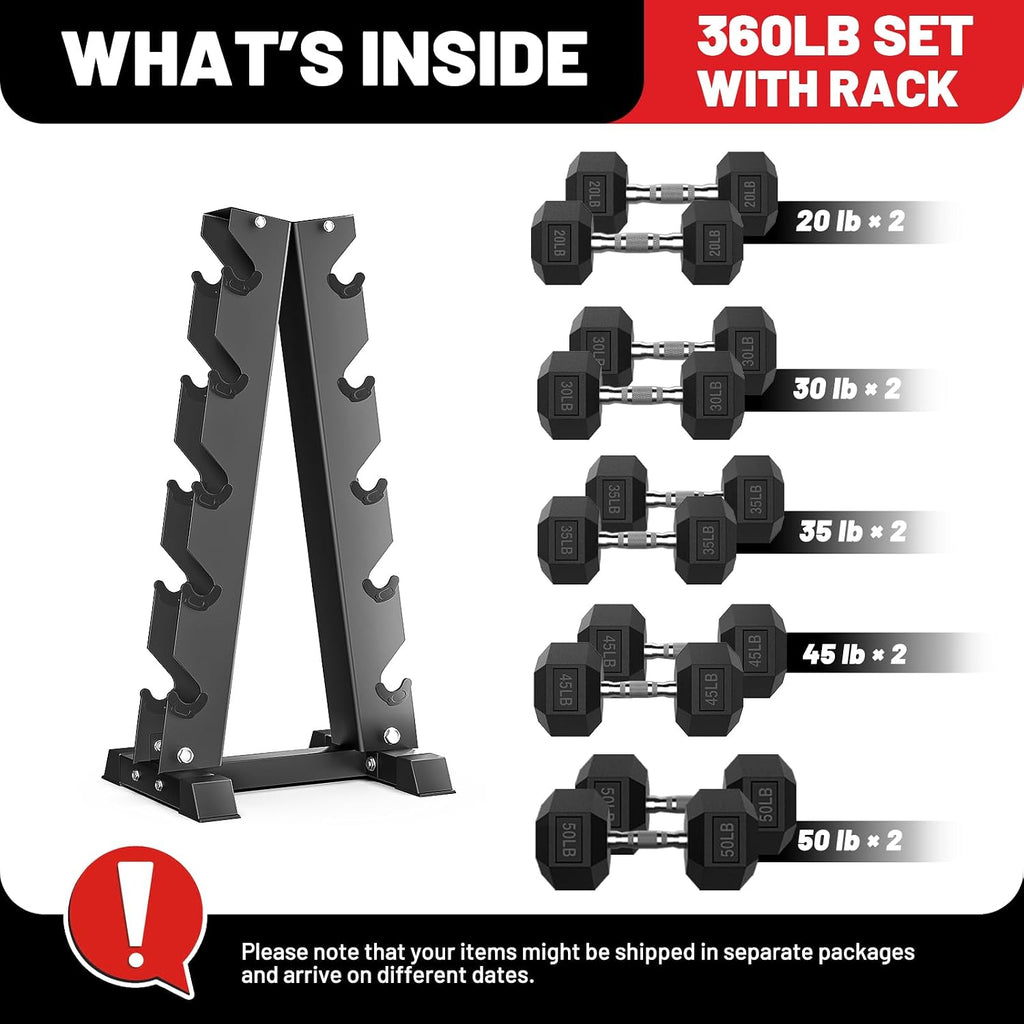 PAPABABE Hex Dumbbell Set with Rack, 85-560lb Rubber Encased Dumbbell Free Weights Dumbbells Set with Storage Rack, Hand Weights Set for Strength Training