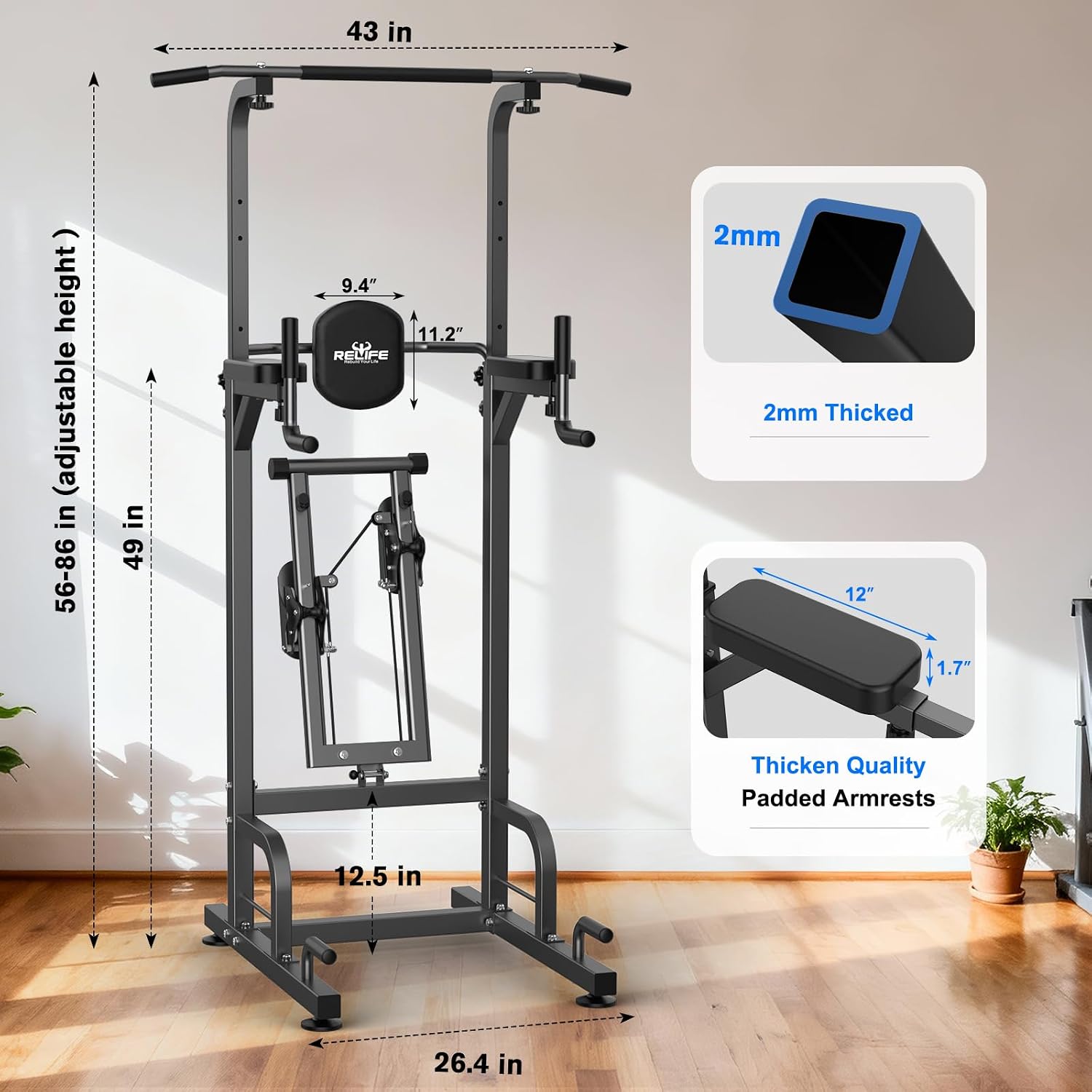 RELIFE REBUILD YOUR LIFE Power Tower Pull Up Bar Station Workout Dip Station for Home Gym Strength Training Fitness Equipment