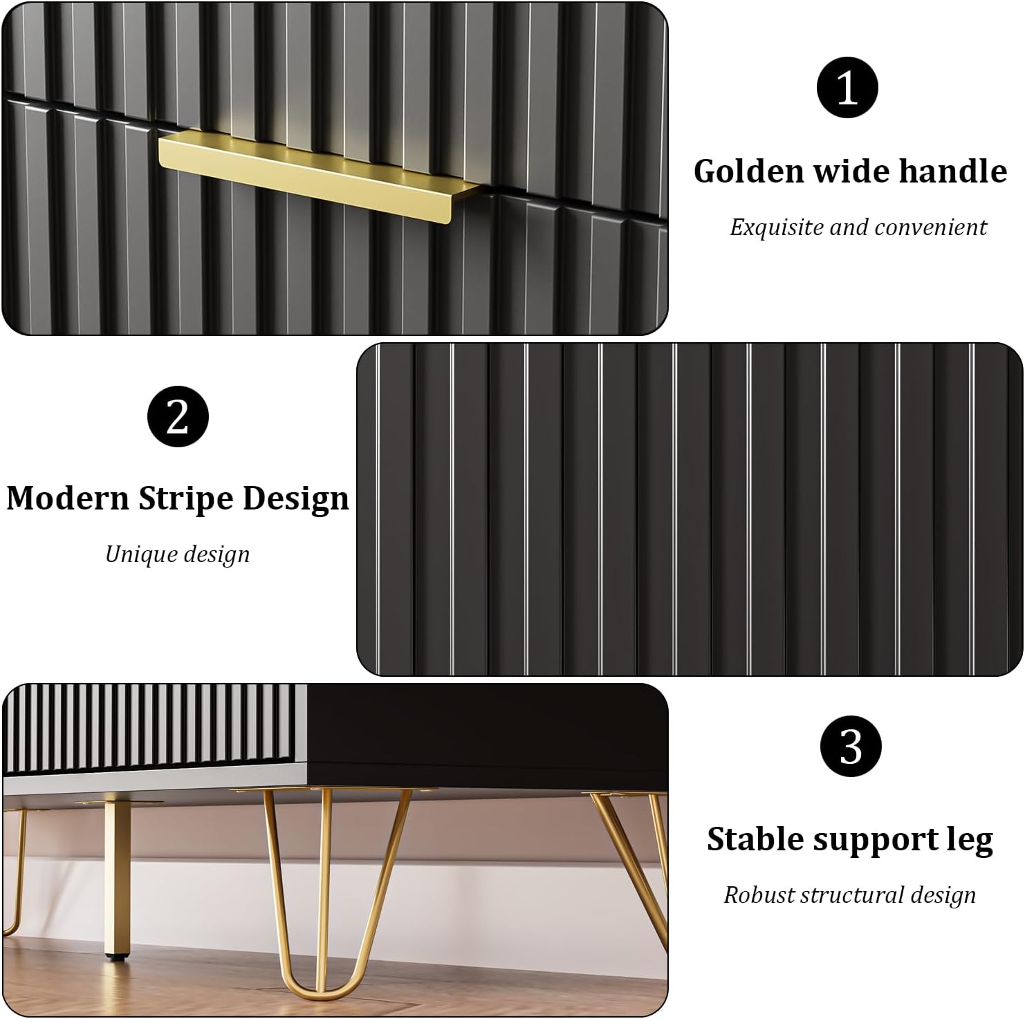 MAISONARIA Black Dresser for Bedroom, Modern Dresser with Gold Metal Handles & Chests of Drawers, Wood Chest of Drawers for Bedroom