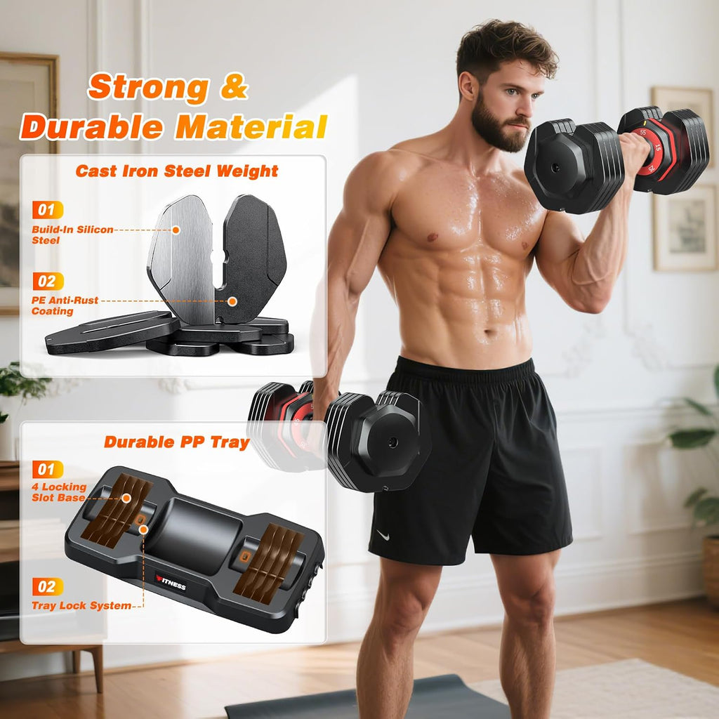 XDDIAS Adjustable Dumbbells Set of 2 for Strength Training, One-Hand Quick Adjust, 25/55/80/90 lbs Options, Anti-Slip Grip Handle, Compact Home Gym Weights for Men Women
