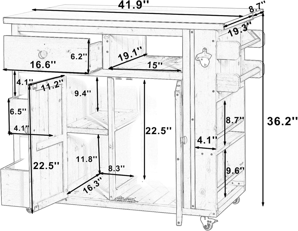 Outdoor Solid Wood Extendable Kitchen Island, Stainless Steel Top Grill Table with Side Spice Rack, Kitchen Cart with Drawers, Storage Cabinet for Backyard, BBQ,Party (Black/S)