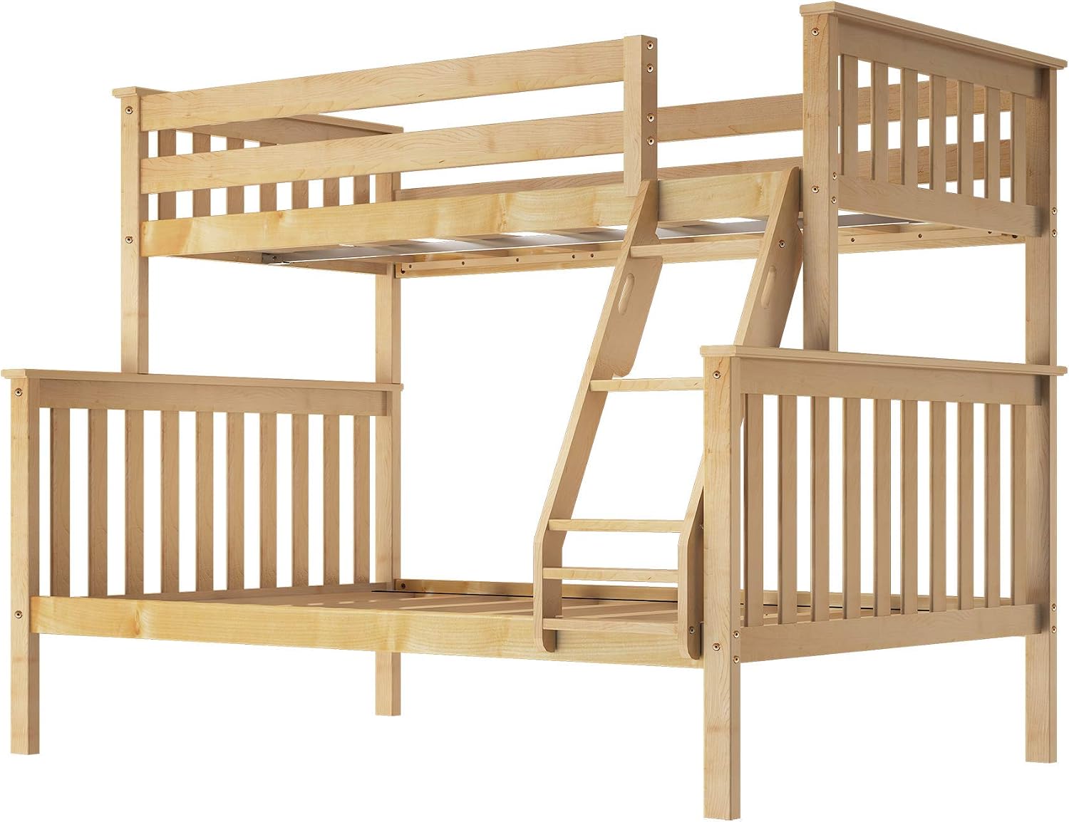 Max & Lily Bunk Bed Twin Over Full Size with Ladder, Solid Wood Platform Bed Frame with Ladder for Kids, 14' Safety Guardrails, Easy Assembly, No Box Spring Needed, Natural