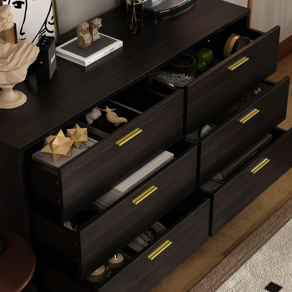 47.2' 6 Drawer Dresser, Modern 6-Drawer Chest with Gold Metal Handles, Bedroom Dresser with Gold Metal Legs, for Living Room Entryway Black (47.2'W x 15.7'D x 30.1'H)