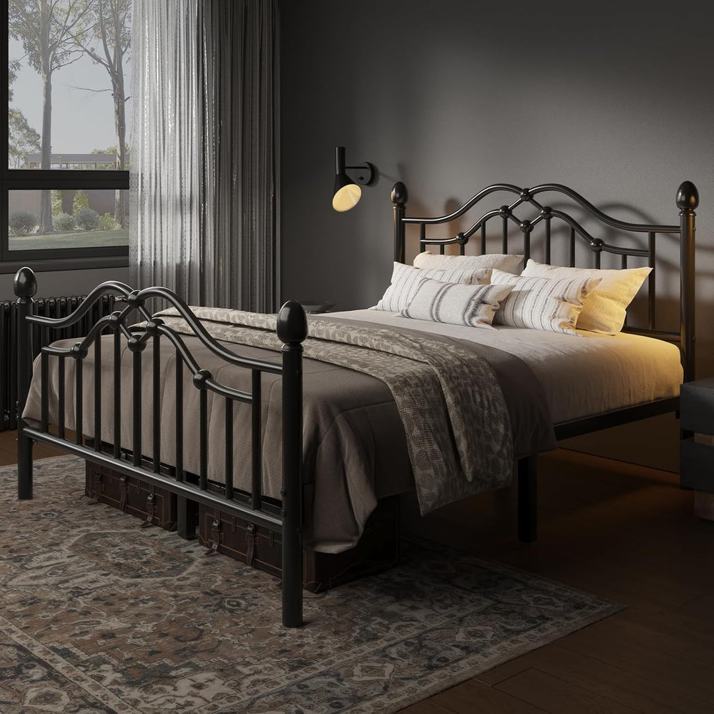 LOEWAY Full Metal Bed Frame with Classical Headboard and Footboard, Platform Bed Frame with Sturdy Metal Slats Support, Adequate Under Bed Storage, No Box Spring Needed, Easy Assembly, Black