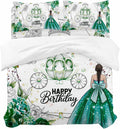 Happy Birthday Duvet Cover Set, Green Luxury Dress Crown Carriage Flowers Soft Duvet Cover Full Size Bedding Set 4 Pieces, 1 Quiltcover and 2 Pillowcases with Zipper, 1 Bed Sheet for All Seasons