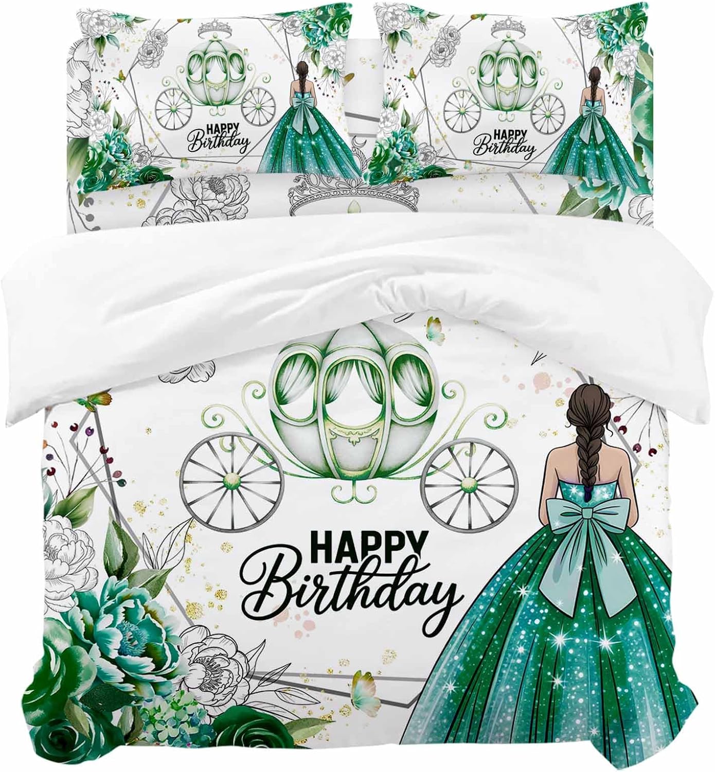 Happy Birthday Duvet Cover Set, Green Luxury Dress Crown Carriage Flowers Soft Duvet Cover Full Size Bedding Set 4 Pieces, 1 Quiltcover and 2 Pillowcases with Zipper, 1 Bed Sheet for All Seasons