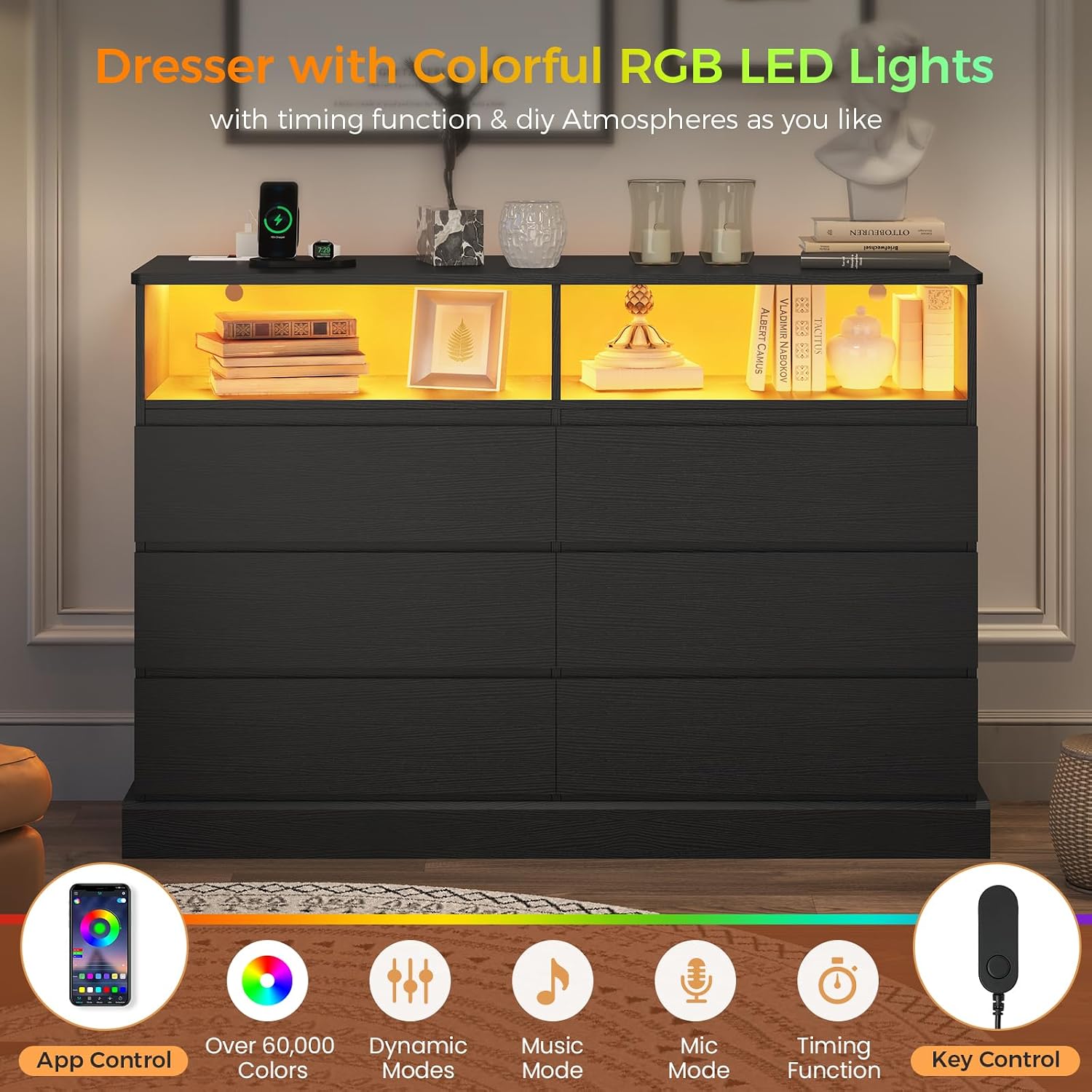 DICTAC Black Dresser for Bedroom with LED Lights with Charging Station, 6 Drawer Double Dresser with No Handle Drawers, Modern Chest of Drawers for Living Room, Entryway
