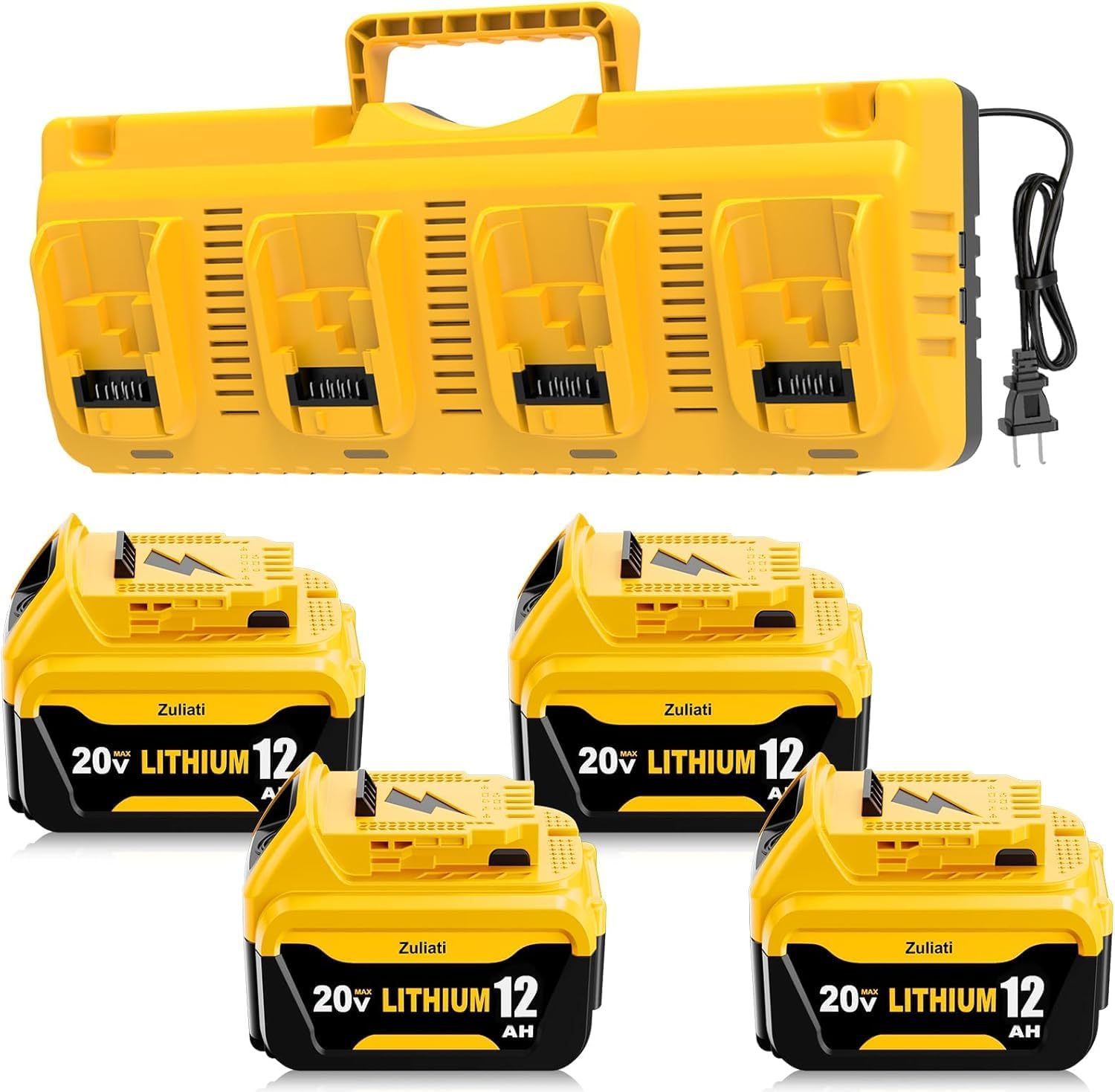 4Pack 12.0Ah DCB206 Replacement for Dewalt 20V Max Battery and DCB104 Battery Charger, Compatible with Dewalt 20V Tools,Impact Driver, Hammer Drill, Sawzall, Vacuum (12.0Ah-5Pcs)