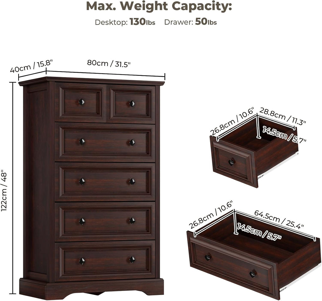 VVFLU Farmhouse 6 Drawer Dresser, 48' Tall Dresser Chest of Drawers with Natural Texture & Metal Handles, Storage Dressers Organizer for Bedroom, Living Room, Hallway, Vintage Design (Cherry)