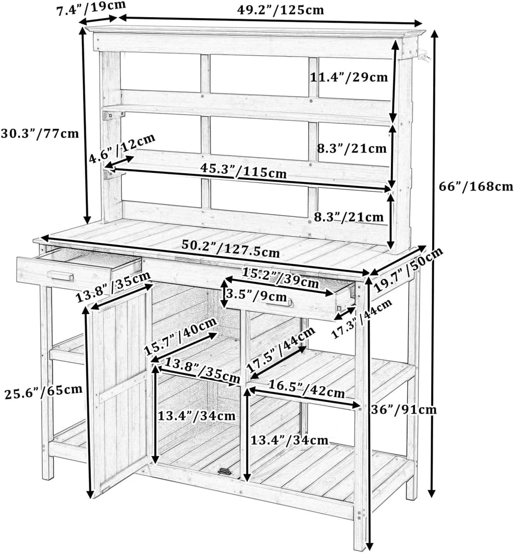Outdoor Garden Potting Bench Table - 66' Large Wooden Potting Bench Table Garden Workstation with 2 Drawers, Cabinet and Open Shelves for Backyard, Mudroom, Gray