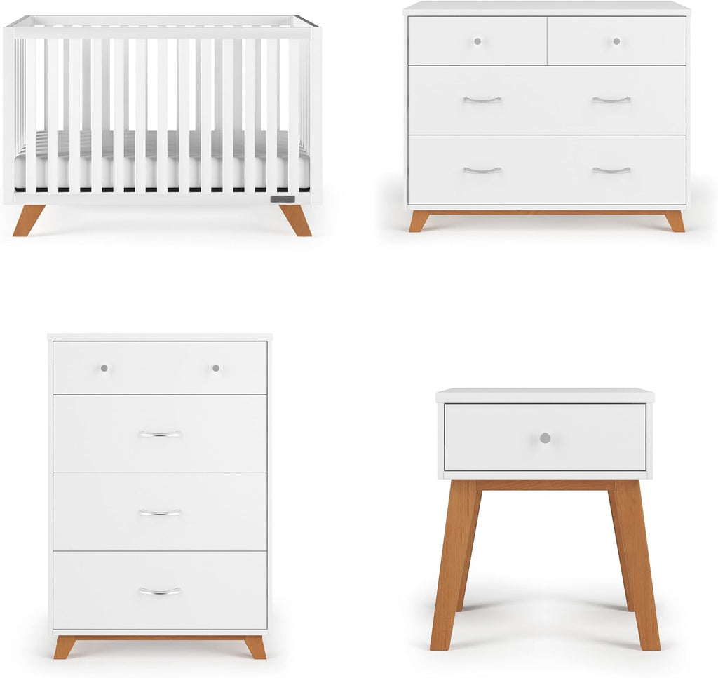 Child Craft Soho Design 4-in-1 Convertible Baby Crib Nursery Furniture Set - Baby Bed, 3 Drawer Dresser, Chest Drawer and Nightstand Desk for Babies, Toddlers and Kids (4 Piece - White/Natural