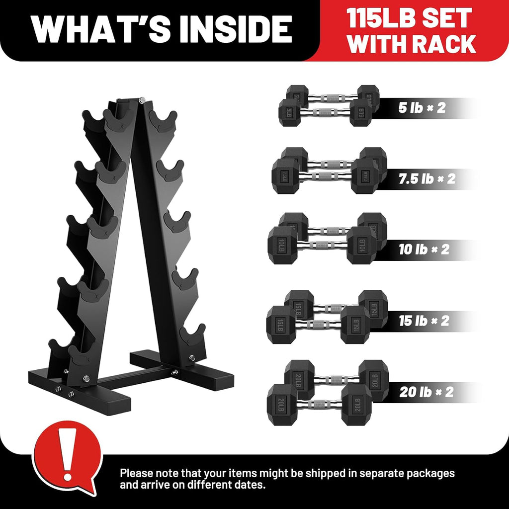 PAPABABE Hex Dumbbell Set with Rack, 85-560lb Rubber Encased Dumbbell Free Weights Dumbbells Set with Storage Rack, Hand Weights Set for Strength Training