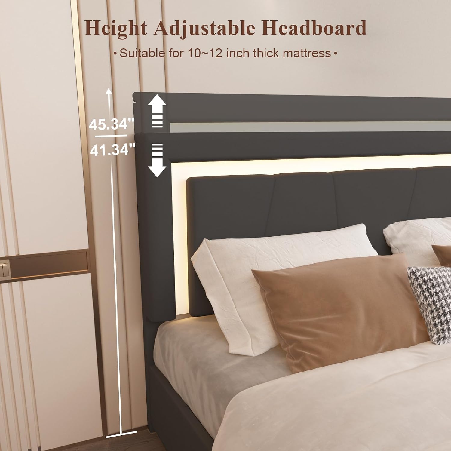 Full Bed Frame with Adjustable Headboard, Upholstered Platform Bed with RGB LED Lights, 4 Storage Drawers & Charging Station (1 USB 1 Type-C), PU Leather Headboard, No Box Spring Needed