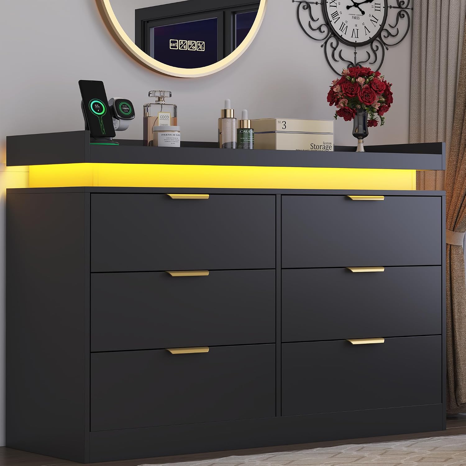 UNIQUITE 6 Drawer Dresser for Bedroom, Black Dresser with LED Lights and Power Outlet, Wooden Dressers Chests of Drawers, Double Wide Dressers for Bedroom, Entryway, Hallway