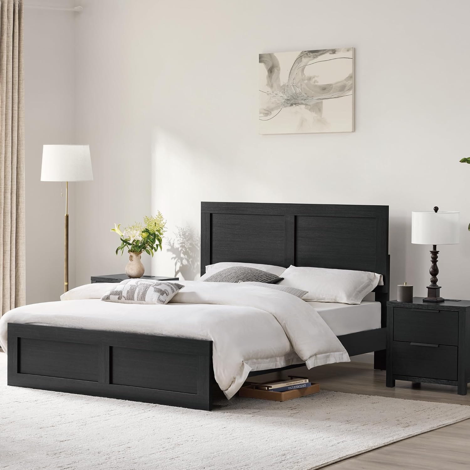 KISLOT 3 Pieces Bedroom Set, Queen Size Wood Platform Bed Frame and 2 Nightstands, Storage Nightstand with Type-C Charging Port, Farmhouse Bedroom Furniture Set