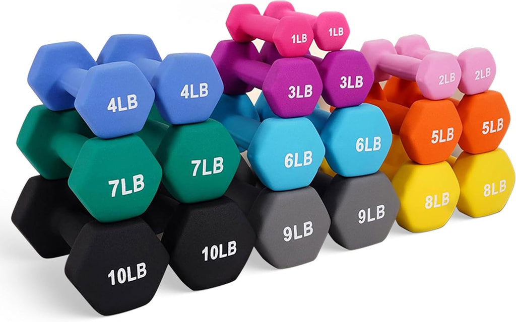 BalanceFrom Neoprene Coated Iron Dumbbell Hex Weights Set with Stand – Color-Coded or Black Options with Non-Slip Grip for Strength Training, Resistance Workouts, and Home Gym Fitness