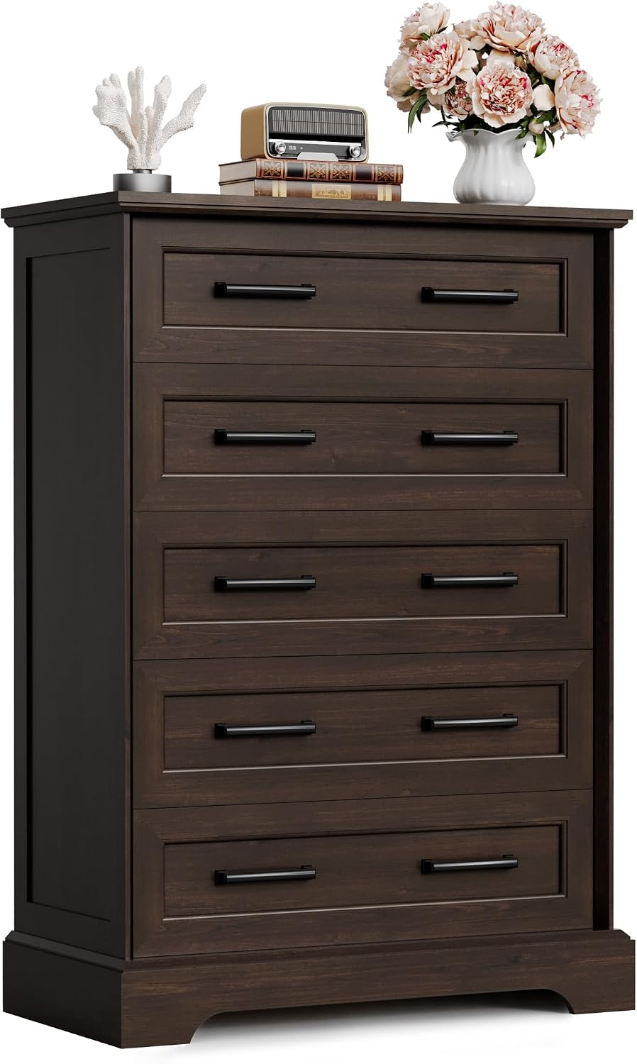 Furmax Farmhouse Dresser for Bedroom, 5 Drawers Dresser, Wood Chest of Drawers, 31.5' Wide Storage Dressers Organizer for Bedroom, Living Room (Brown)
