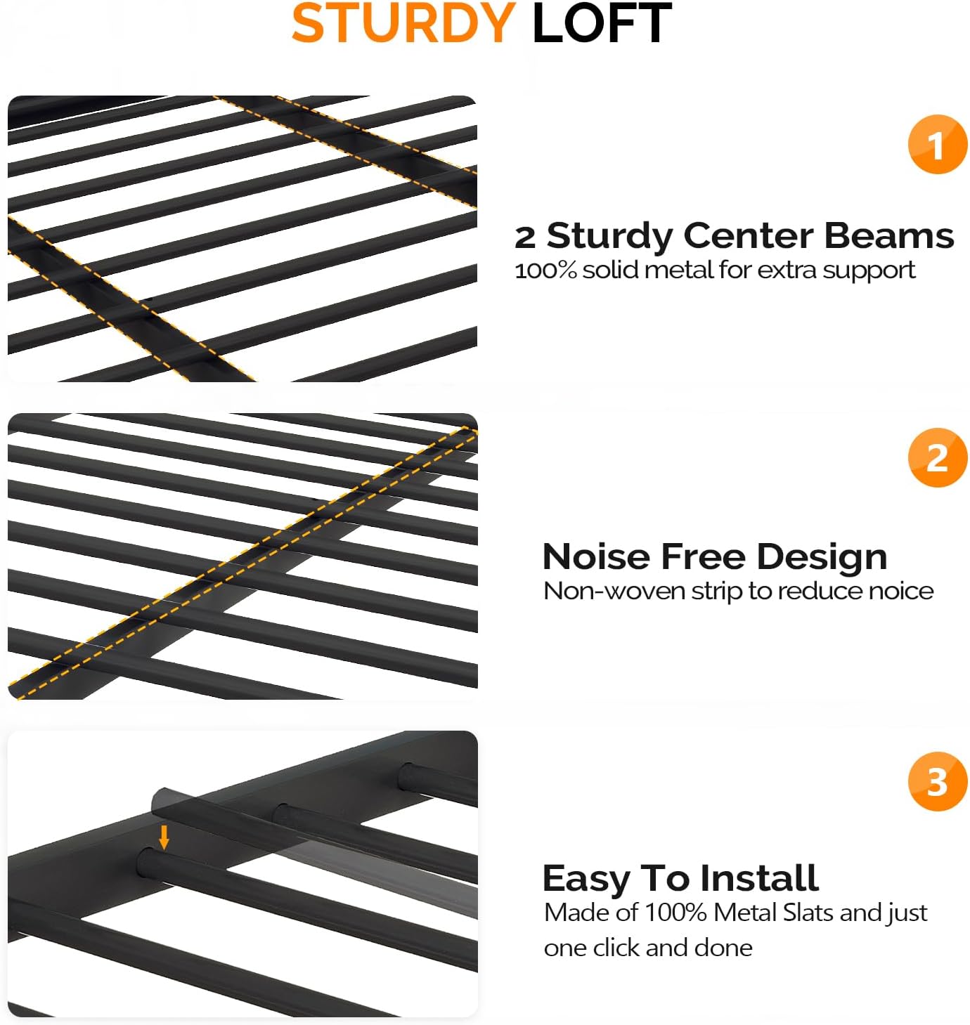 VINGLI Queen Loft Bed with Flat Rungs for Adults, Kids and Young Teens, No Box Spring Required,Heavy Duty Metal Slat Support, Black