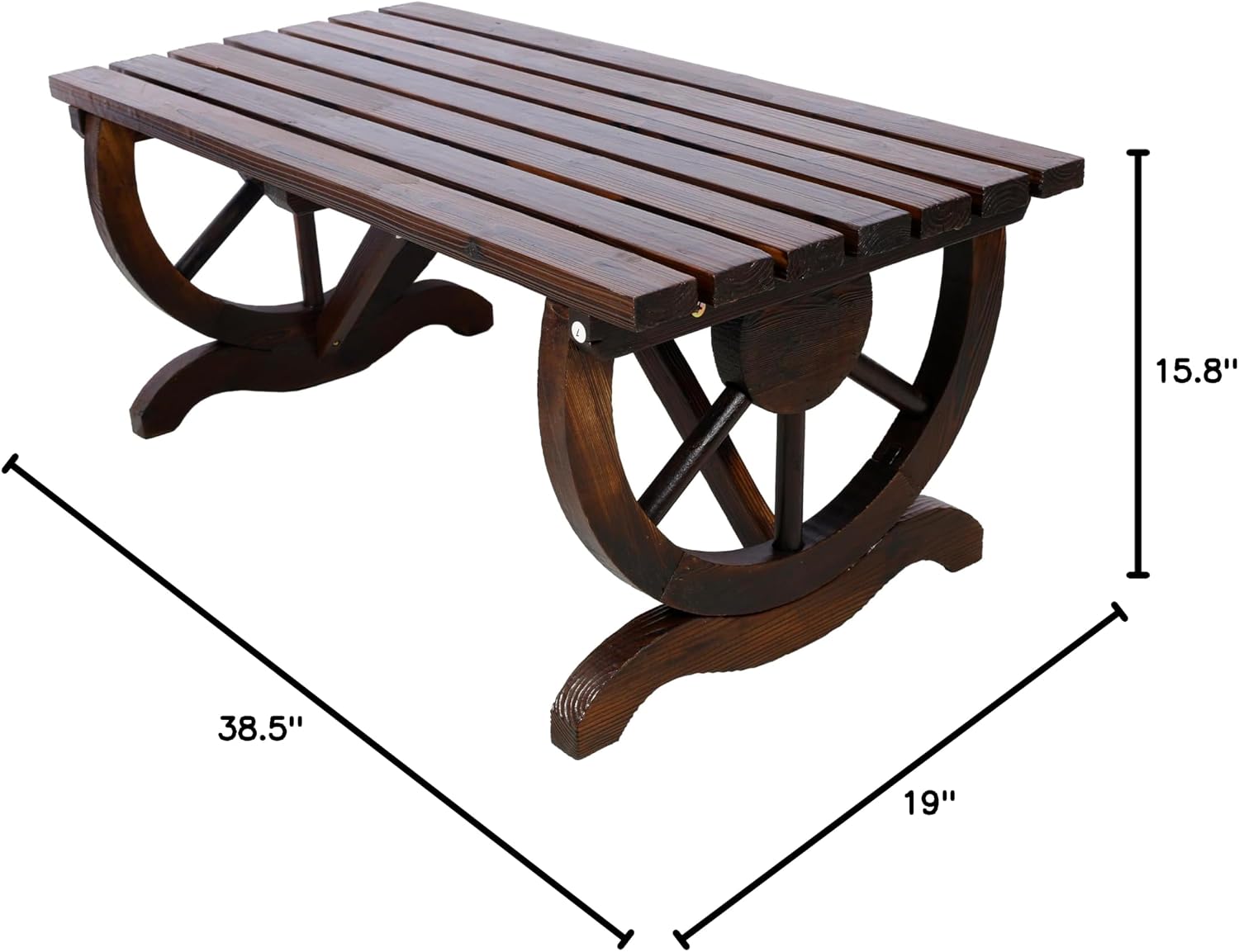 2 People Modern Outdoor Rustic Wooden Bench with Wagon Wheel Legs, Brown Garden Chair Front Porch Furniture, for Park, Yard, Lawn