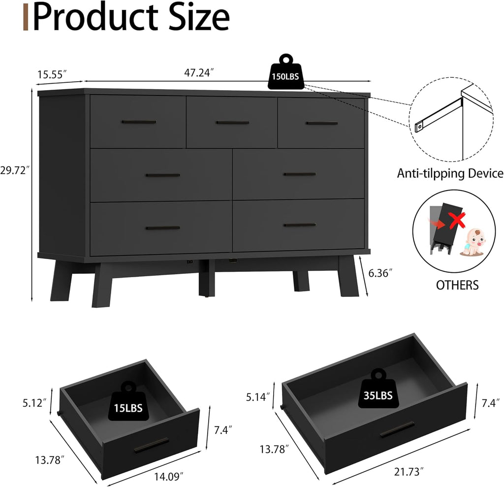 Xixini Dresser for Bedroom with 7 Drawer, Wood Modern Chest of Drawers with X-Shaped Sturdy Base, Wide Double Dresser Closet Clothes Storage Organizer, Wooden TV Stand for Living Room, Hallway, Black