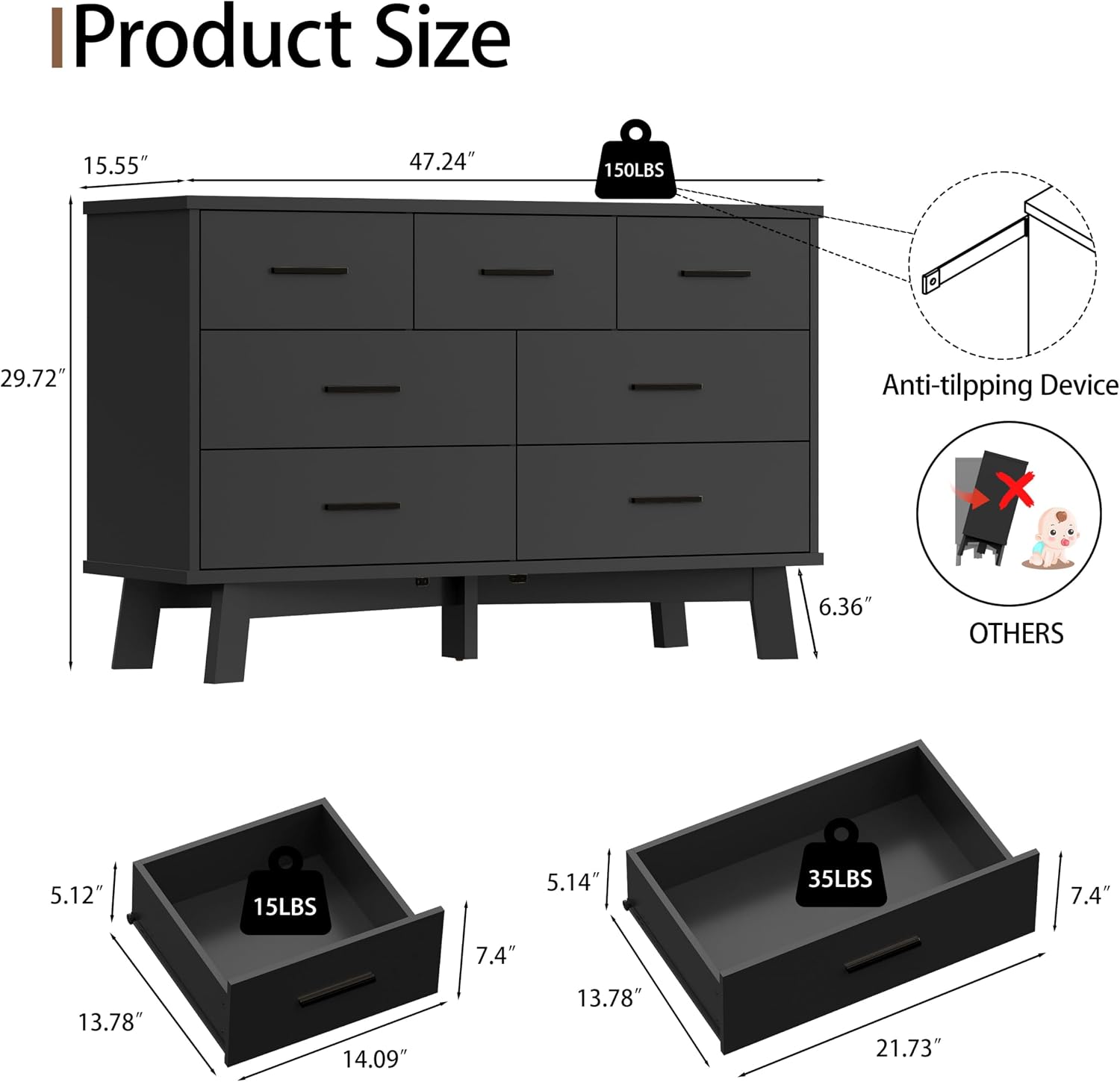 Xixini Dresser for Bedroom with 7 Drawer, Wood Modern Chest of Drawers with X-Shaped Sturdy Base, Wide Double Dresser Closet Clothes Storage Organizer, Wooden TV Stand for Living Room, Hallway, Black