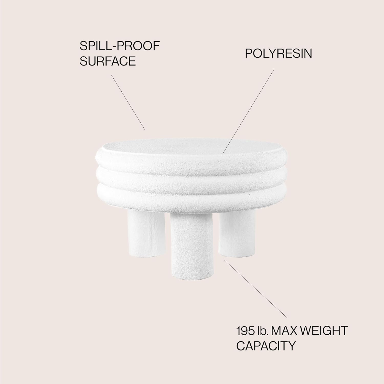 JONATHAN Y Rashida 13.5' Ribbed Polyresin Indoor Outdoor Table, White | Contemporary Curvy Minimalist Silhouette, Stacked Ring Motif, Tripod Pillar Base, Weather Resistant, Frosted Finish