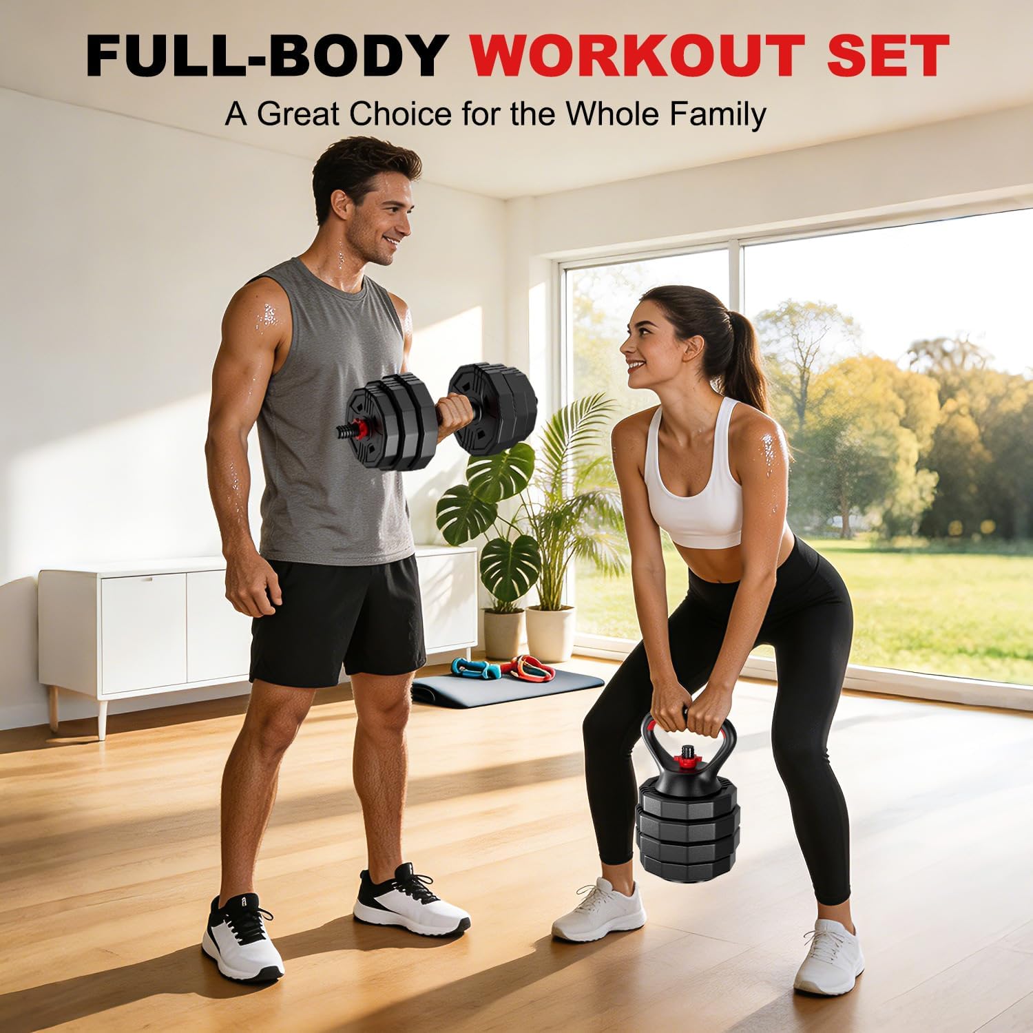 Adjustable dumbbell set, 20/30/45/70/90lbs Free Weight Set with Connector, 5 in1 Multi-Function Dumbbells Set Used as Barbell & Kettlebell, Push up Stand, Fitness for Home Gym Suitable Men/Women